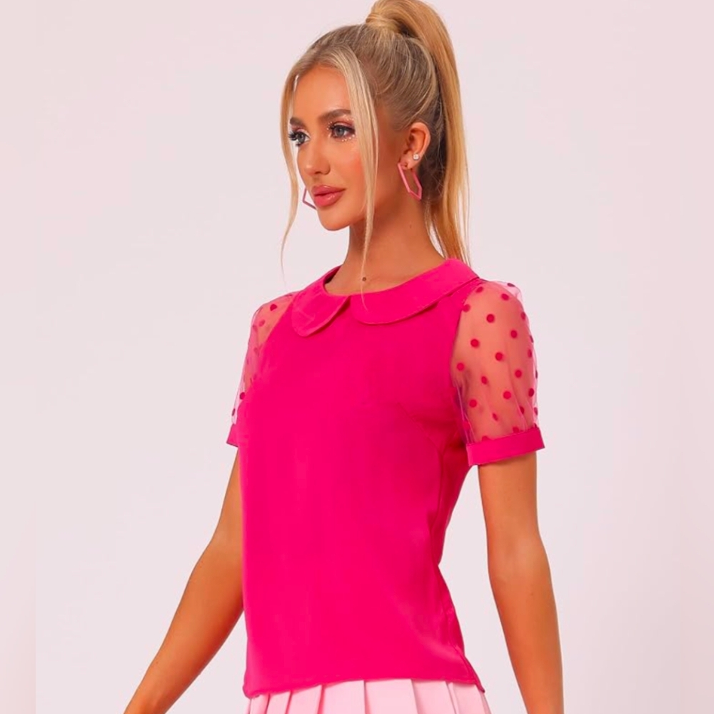 Allegra K Hot Pink Blouse with Peter Pan Collar And Polka Dot Sleeves Size XL